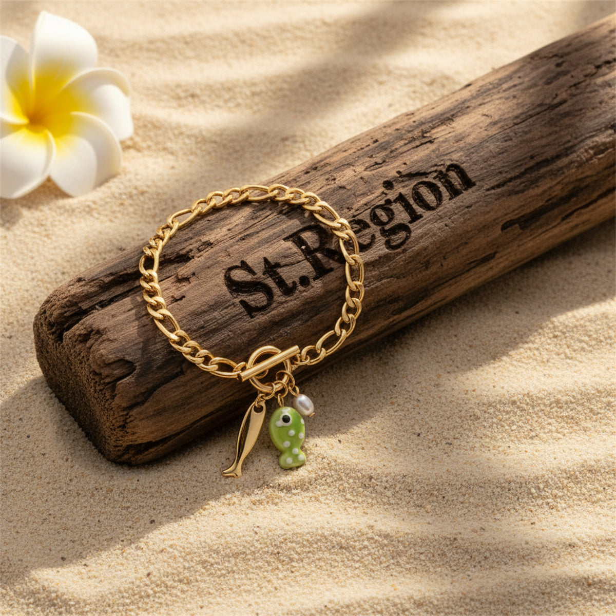 Green Resin & Pearl Goldtone Fish Charm Toggle Anklet - Street Region