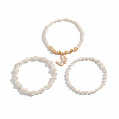 Pearl & Enamel Goldtone Flower Beads Butterfly Charm Stretch Anklet Set - Street Region