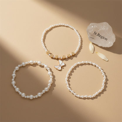 Pearl & Enamel Goldtone Flower Beads Butterfly Charm Stretch Anklet Set - Street Region