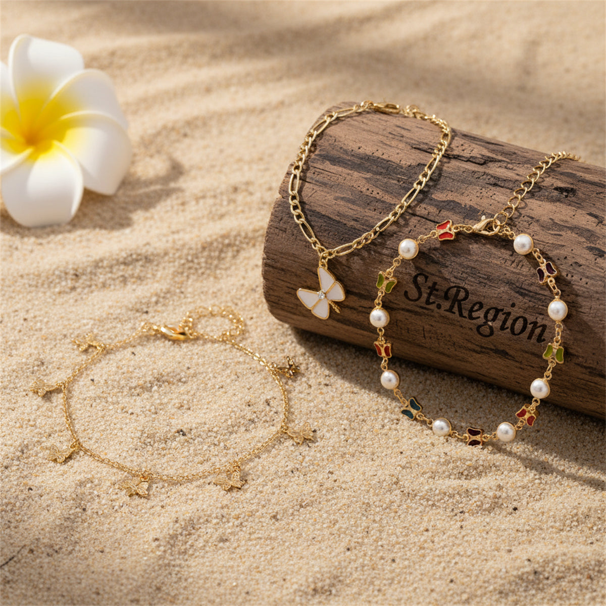 Pearl & Multi-Colored Crystal Goldtone Butterfly Stations Anklet Set - Street Region