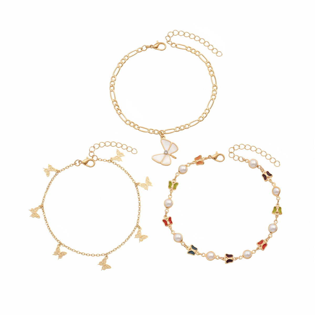 Pearl & Multi-Colored Crystal Goldtone Butterfly Stations Anklet Set - Street Region
