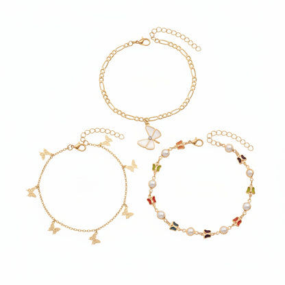 Pearl & Multi-Colored Crystal Goldtone Butterfly Stations Anklet Set - Street Region