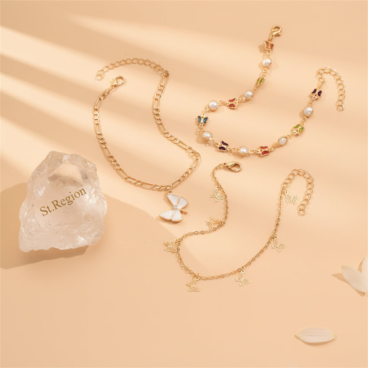 Pearl & Multi-Colored Crystal Goldtone Butterfly Stations Anklet Set - Street Region