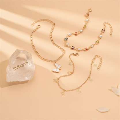 Pearl & Multi-Colored Crystal Goldtone Butterfly Stations Anklet Set - Street Region