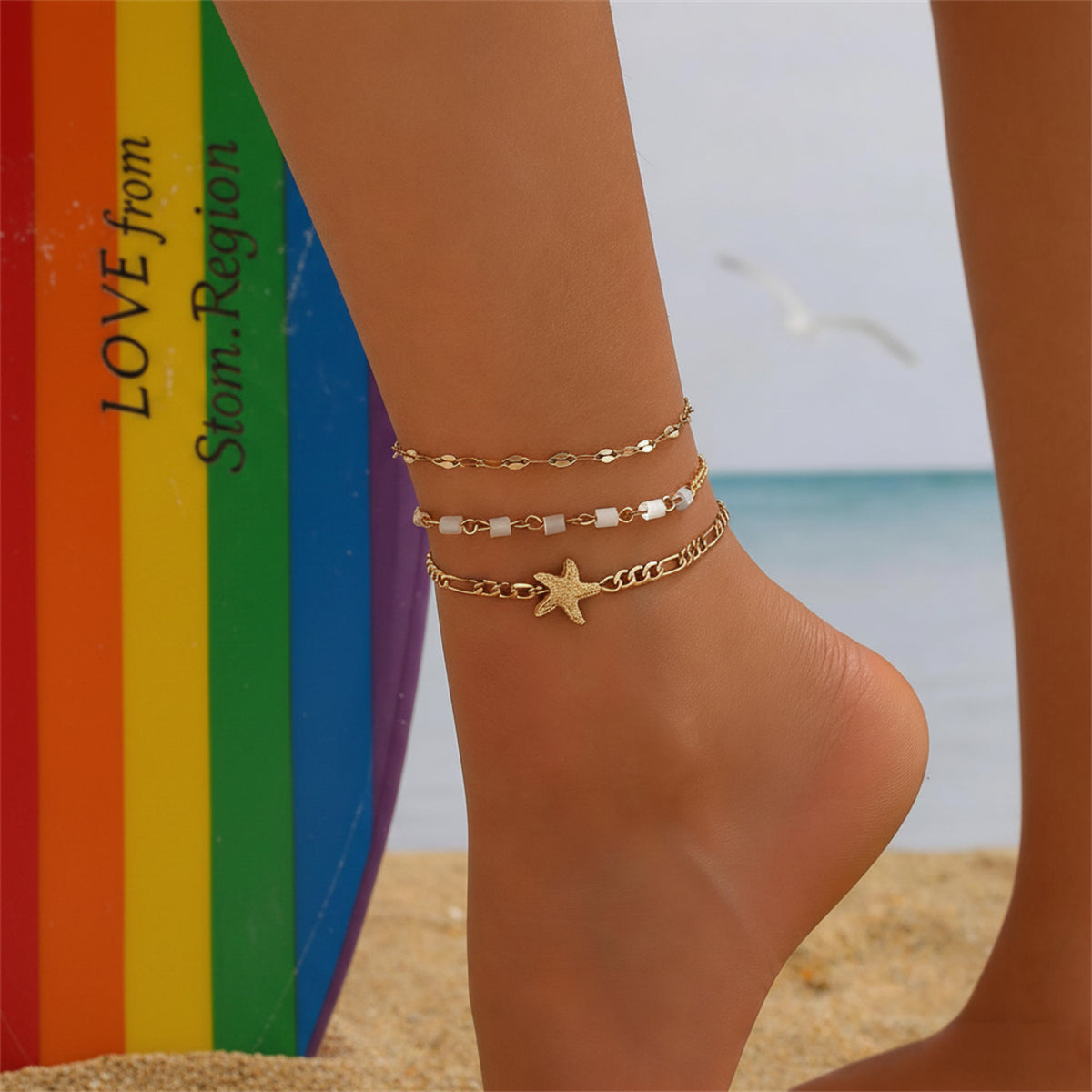Acrylic & Goldtone Beads Chain Starfish Charm Anklet Set - Street Region