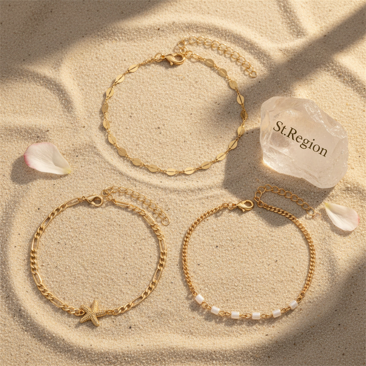 Acrylic & Goldtone Beads Chain Starfish Charm Anklet Set - Street Region