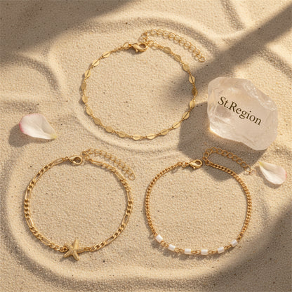 Acrylic & Goldtone Beads Chain Starfish Charm Anklet Set - Street Region