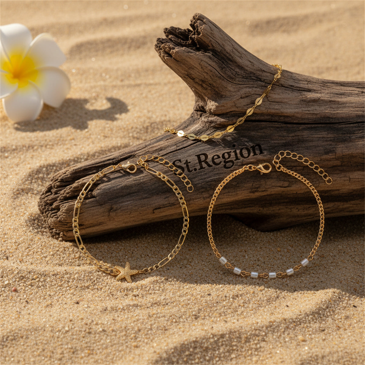 Acrylic & Goldtone Beads Chain Starfish Charm Anklet Set - Street Region