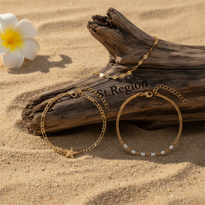 Acrylic & Goldtone Beads Chain Starfish Charm Anklet Set - Street Region