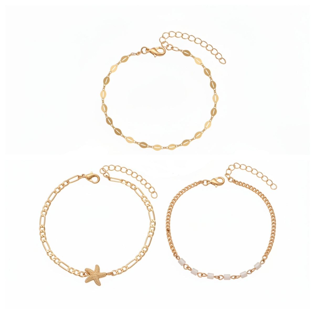 Acrylic & Goldtone Beads Chain Starfish Charm Anklet Set - Street Region