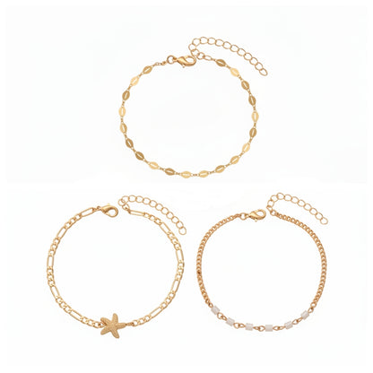 Acrylic & Goldtone Beads Chain Starfish Charm Anklet Set - Street Region