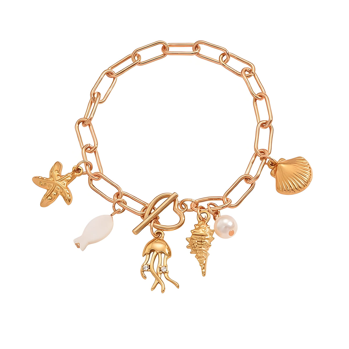 Cubic Zirconia & Pearl Acrylic Goldtone Sea Lives Charm Toggle Anklet - Street Region