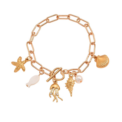 Cubic Zirconia & Pearl Acrylic Goldtone Sea Lives Charm Toggle Anklet - Street Region