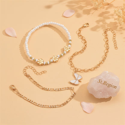 White Enamel & Howlite Goldtone Flower Beads Butterfly Charm Anklet Set - Street Region