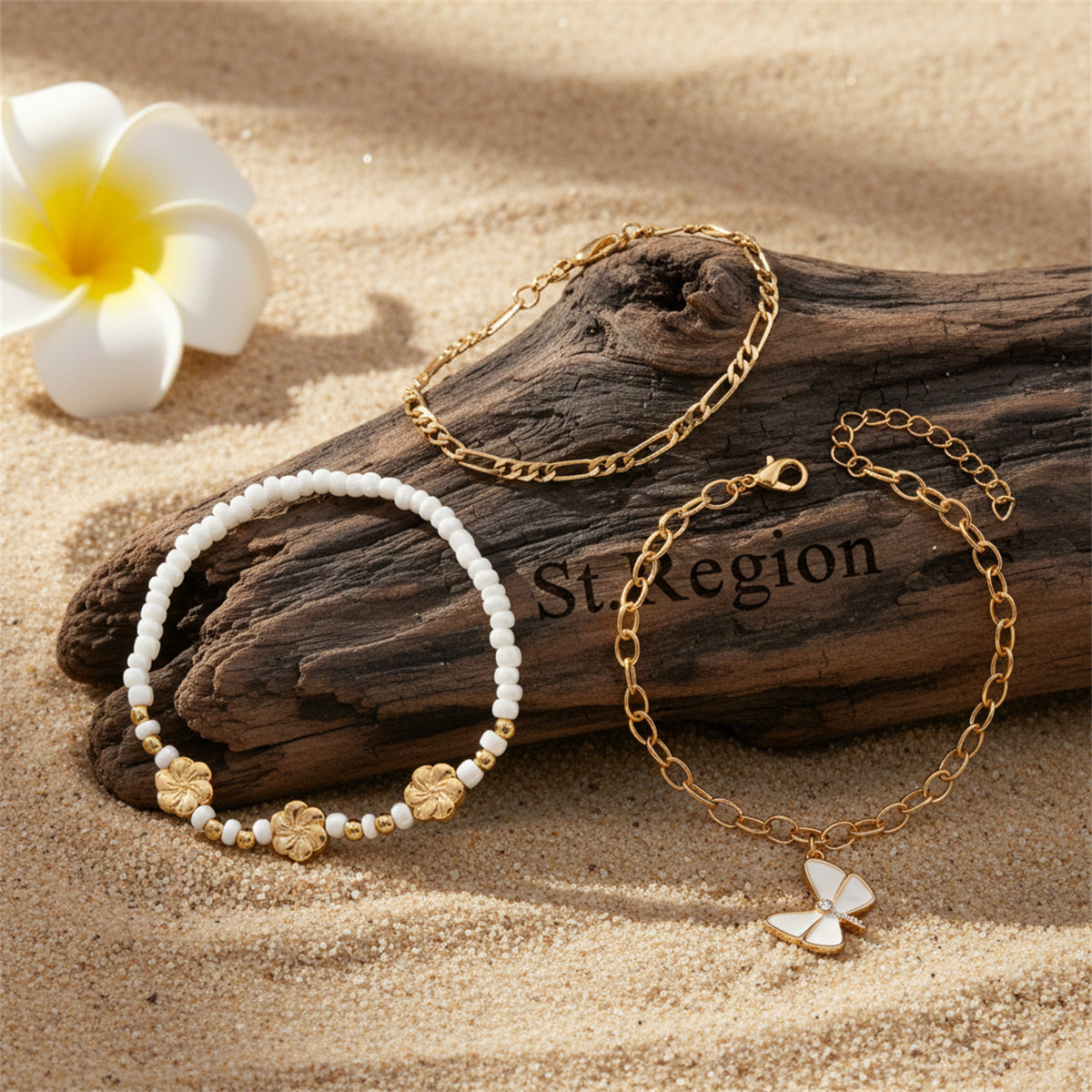 White Enamel & Howlite Goldtone Flower Beads Butterfly Charm Anklet Set - Street Region