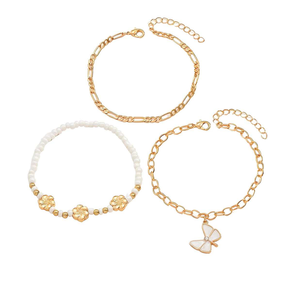 White Enamel & Howlite Goldtone Flower Beads Butterfly Charm Anklet Set - Street Region
