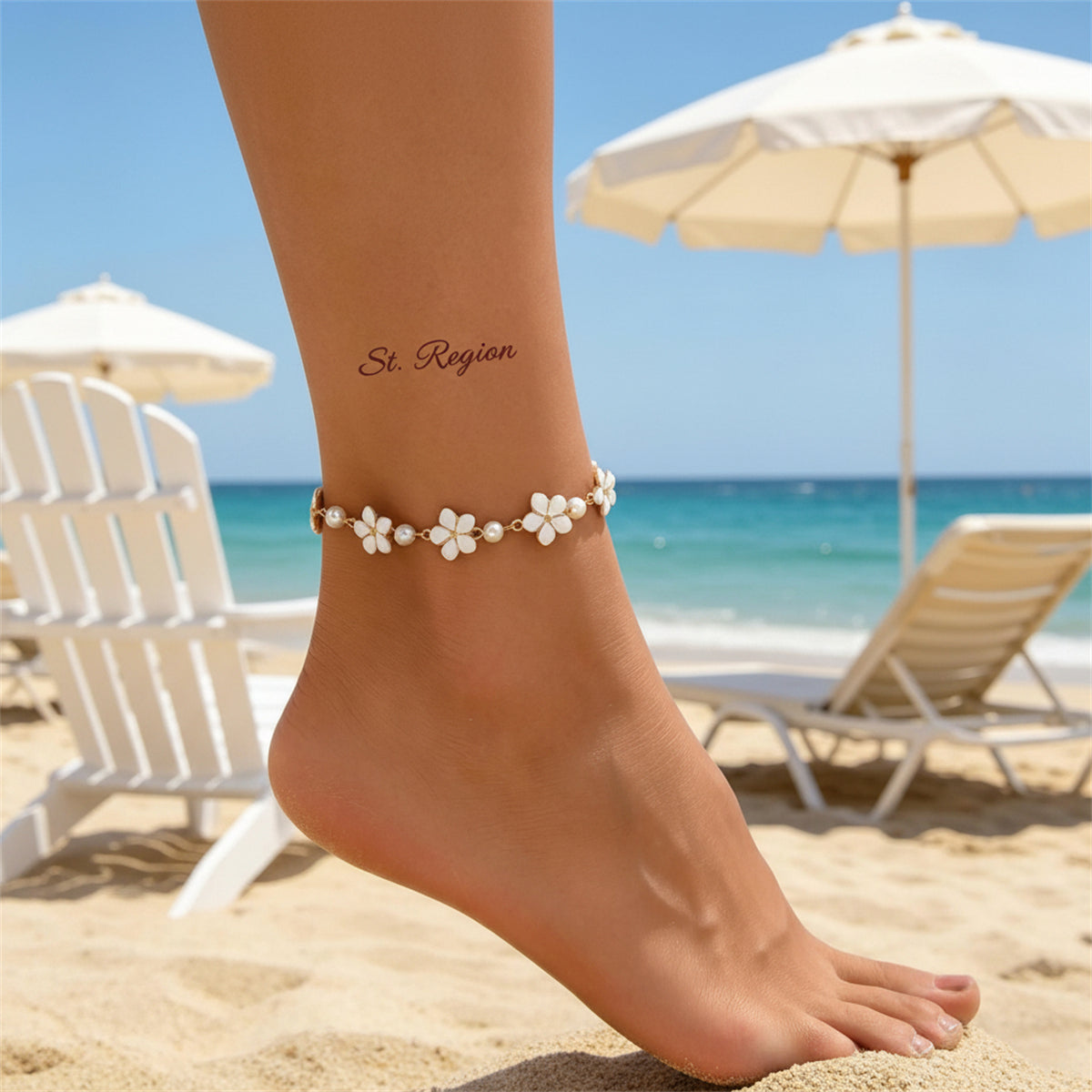 White Enamel & Pearl Goldtone Flower Station Anklet - Street Region