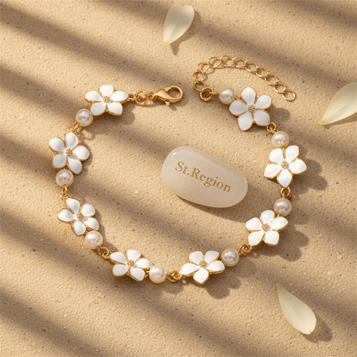 White Enamel & Pearl Goldtone Flower Station Anklet - Street Region