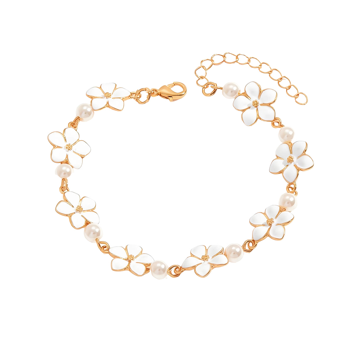 White Enamel & Pearl Goldtone Flower Station Anklet - Street Region