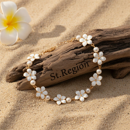 White Enamel & Pearl Goldtone Flower Station Anklet - Street Region