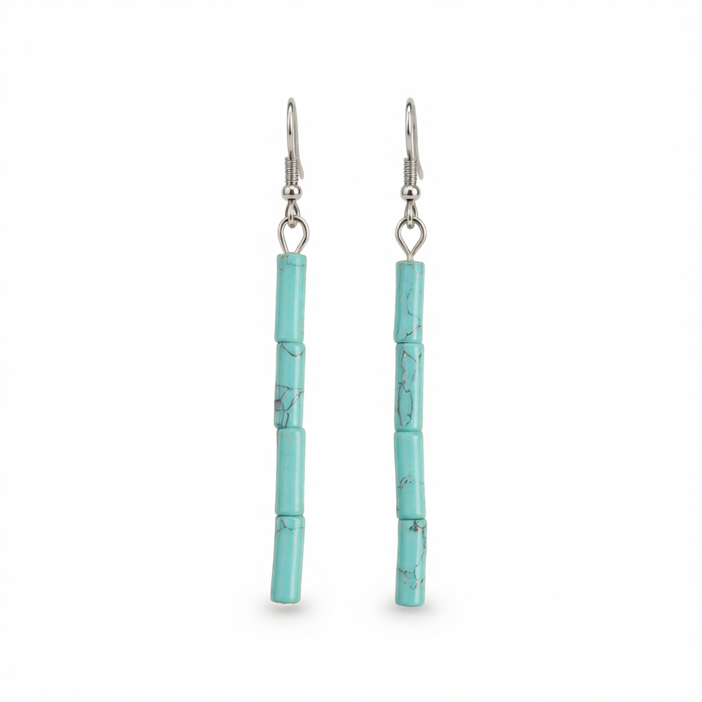 Turquoise & Silver-Plated Cylinder Bead Drop Earrings