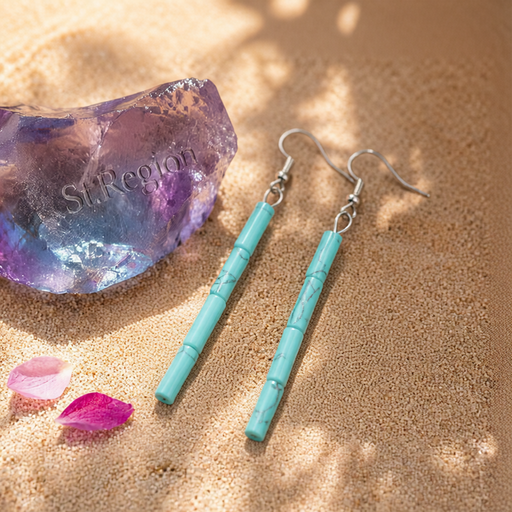 Turquoise & Silver-Plated Cylinder Bead Drop Earrings