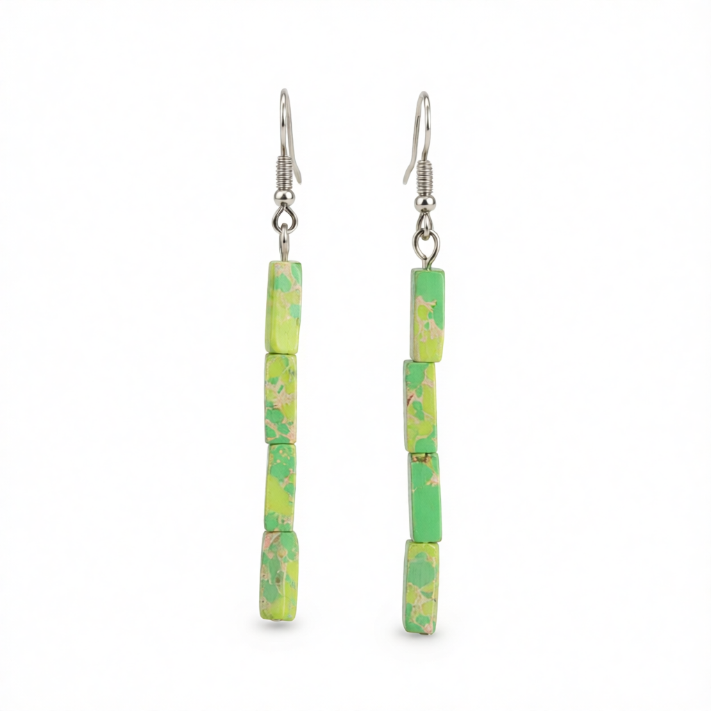 Green Howlite & Silver-Plated Cylinder Bead Drop Earrings