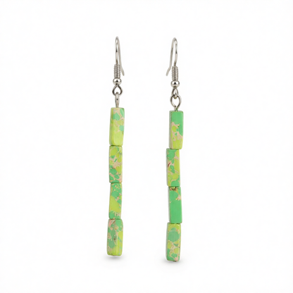 Green Howlite & Silver-Plated Cylinder Bead Drop Earrings