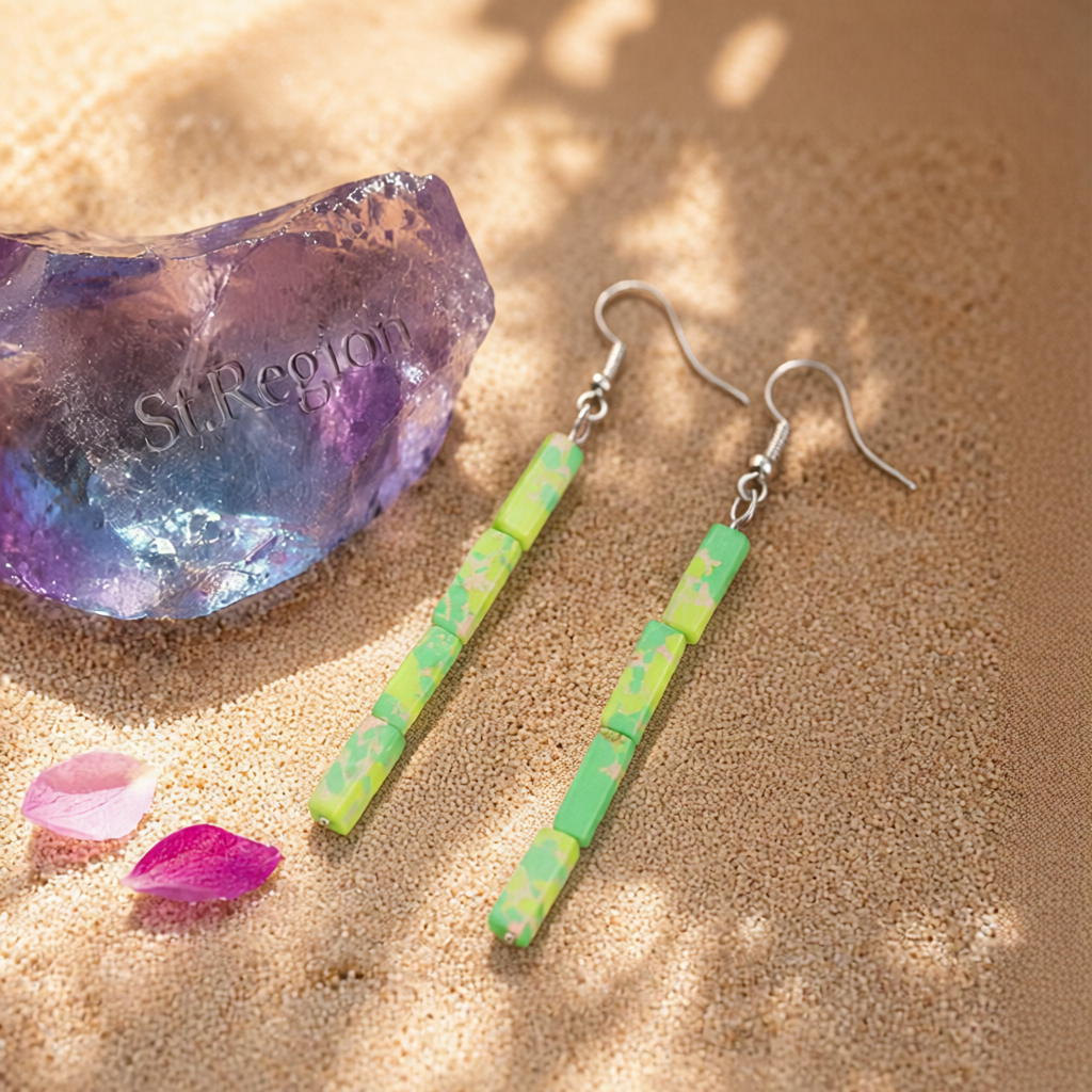 Green Howlite & Silver-Plated Cylinder Bead Drop Earrings