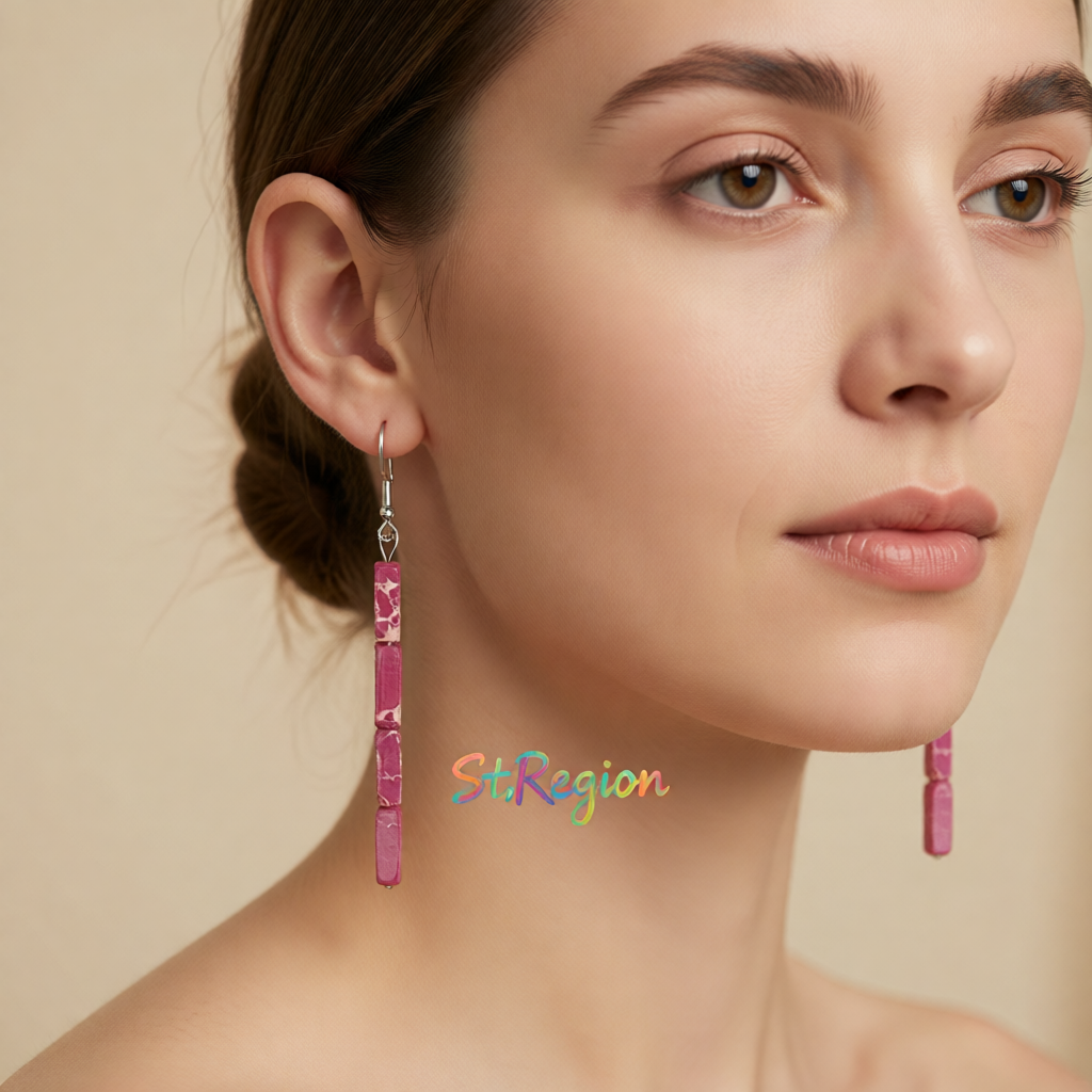 Rose Howlite & Silver-Plated Cylinder Bead Drop Earrings