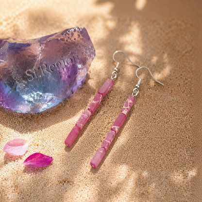Rose Howlite & Silver-Plated Cylinder Bead Drop Earrings
