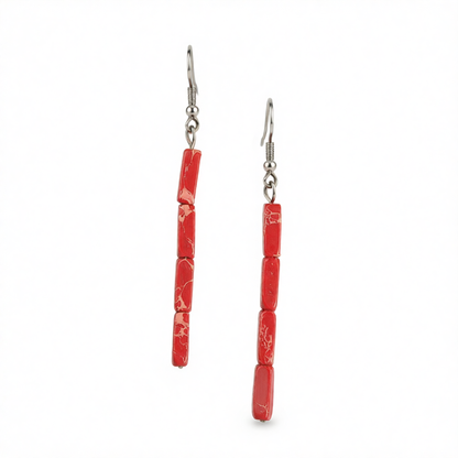 Orange Howlite & Silver-Plated Cylinder Bead Drop Earrings