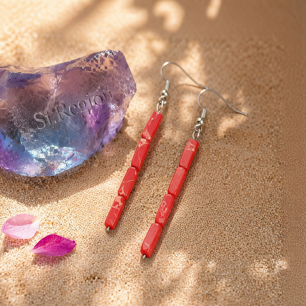 Orange Howlite & Silver-Plated Cylinder Bead Drop Earrings