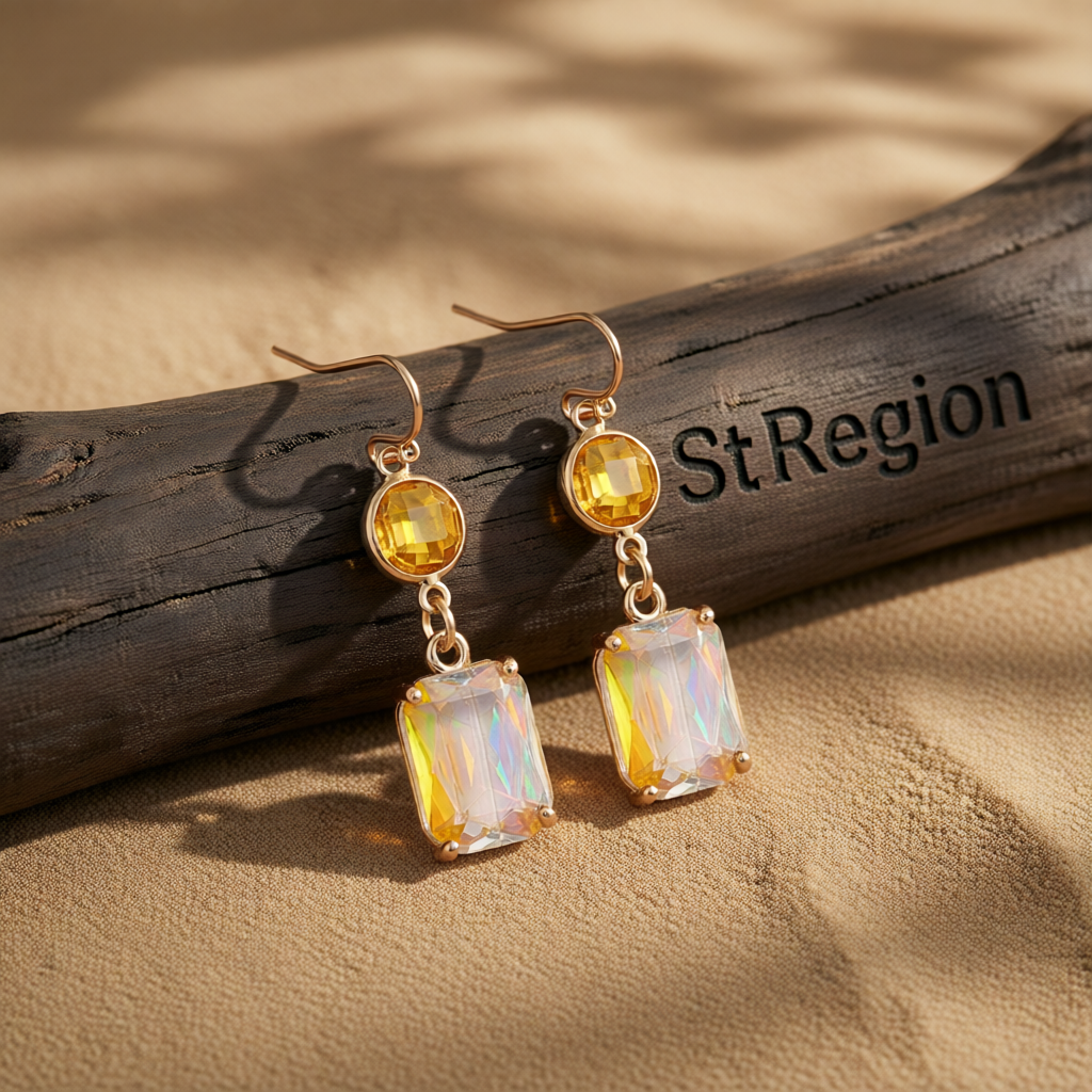 Yellow Crystal & 18K Gold-Plated Round Rectangle Drop Earrings