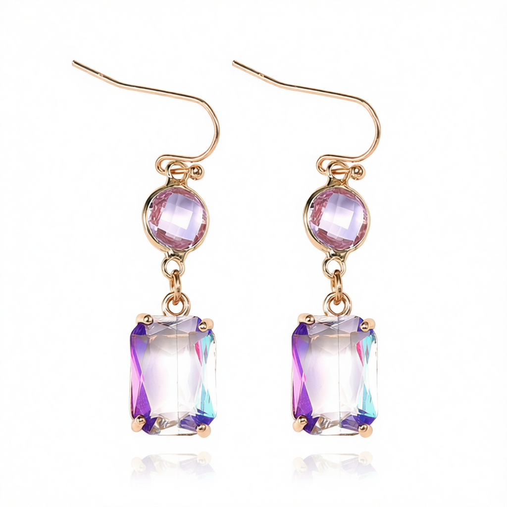 Purple Crystal & 18K Gold-Plated Round Rectangle Drop Earrings