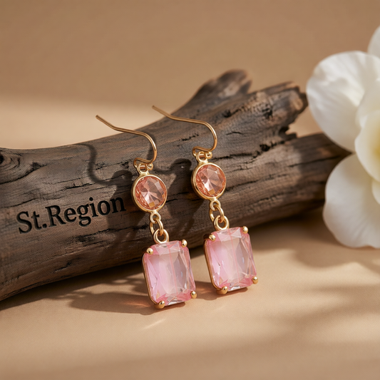Pink Crystal & 18K Gold-Plated Round Rectangle Drop Earrings