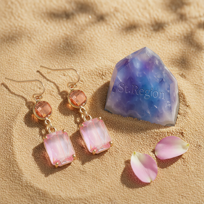 Pink Crystal & 18K Gold-Plated Round Rectangle Drop Earrings