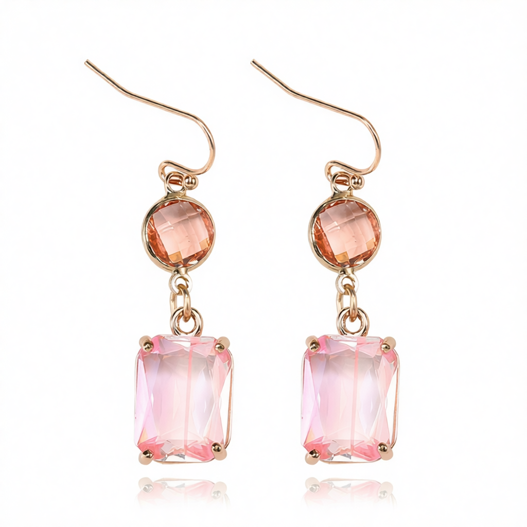 Pink Crystal & 18K Gold-Plated Round Rectangle Drop Earrings