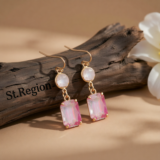 Light Pink Crystal & 18K Gold-Plated Round Rectangle Drop Earrings