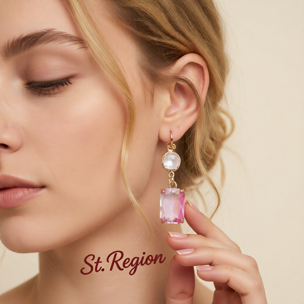 Light Pink Crystal & 18K Gold-Plated Round Rectangle Drop Earrings