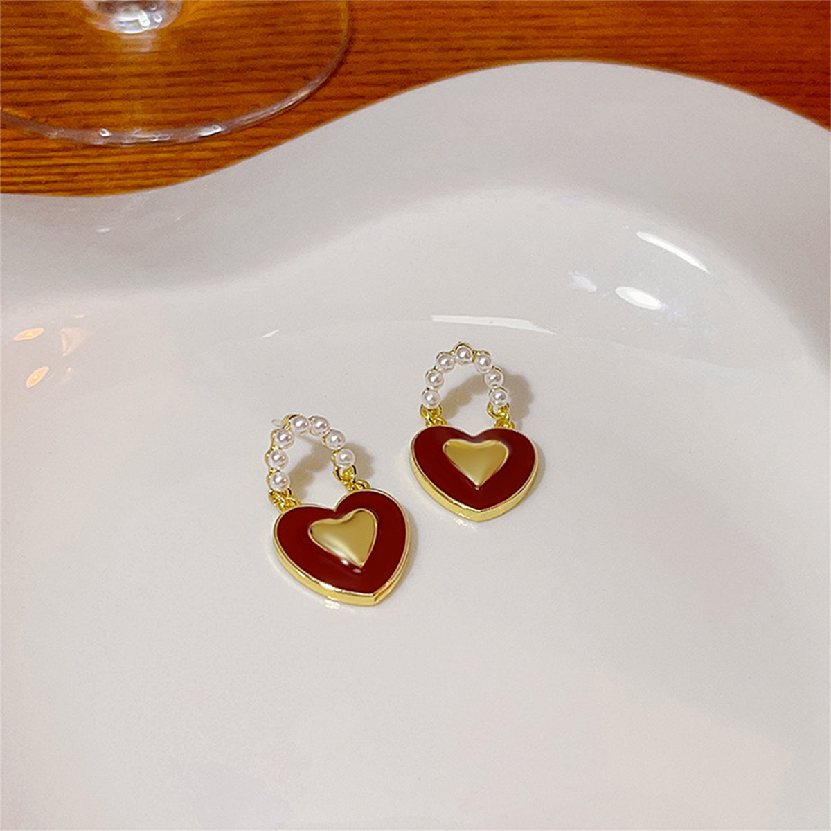 Red Enamel and Pearl 18K Gold-Plated Heart Drop Earrings, gold drop earrings for women, elegant gift for her, front view