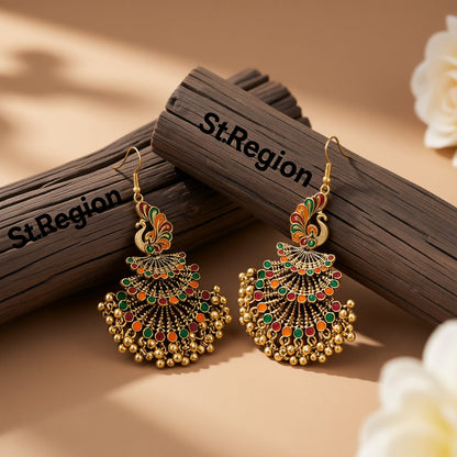 Brown Enamel and 18K Gold-Plated Peacock Bead Tassel Drop Earrings, gold drop earrings for women, everyday style, front view