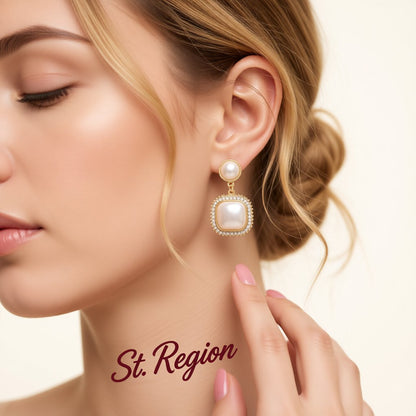 Pearl and Cubic Zirconia 18K Gold-Plated Pavé-Detail Square Drop Earrings, gold drop earrings for women, styled look