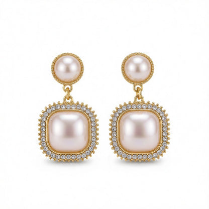 Pearl and Cubic Zirconia 18K Gold-Plated Pavé-Detail Square Drop Earrings, gold drop earrings for women, side view