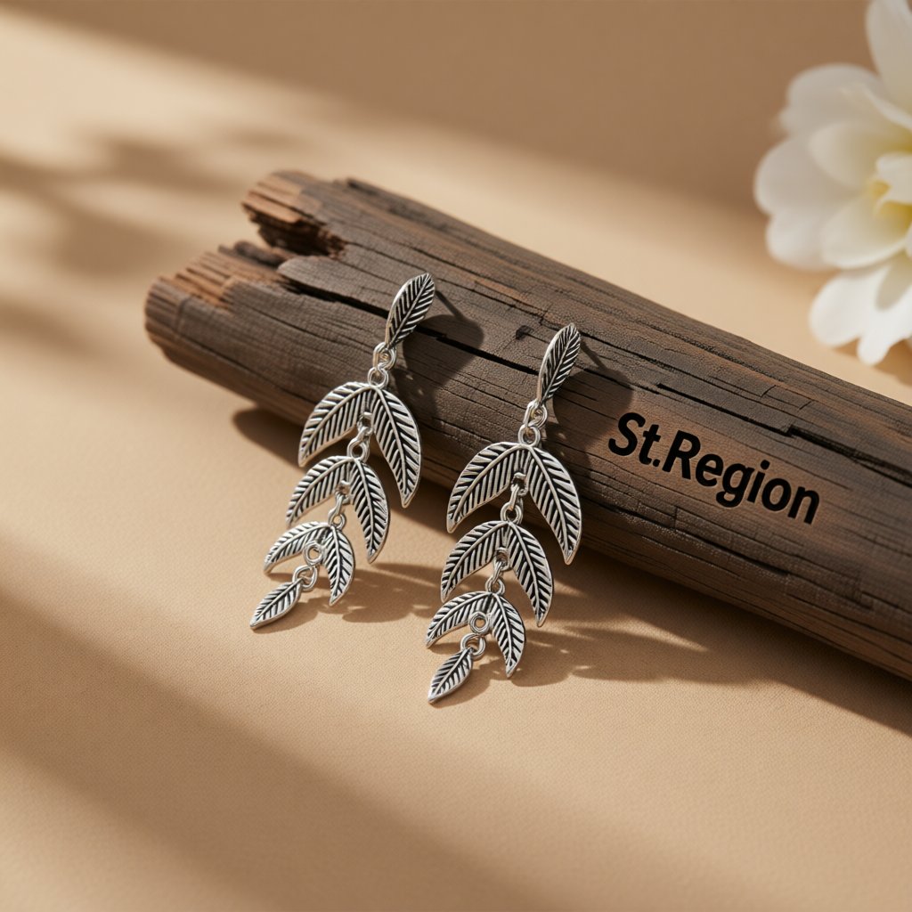 Silver-Plated Leaves Drop Earrings, silver drop earrings for women, elegant gift for her, front view