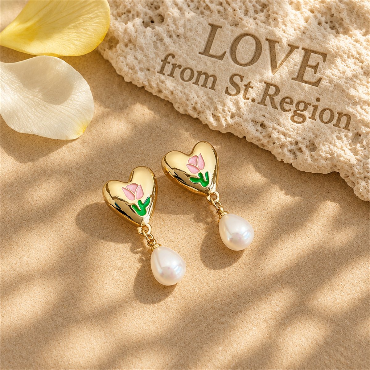 Pearl and Enamel 18K Gold-Plated Tulip Heart Drop Earrings, gold drop earrings for women, lifestyle look