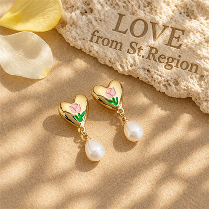 Pearl and Enamel 18K Gold-Plated Tulip Heart Drop Earrings, gold drop earrings for women, lifestyle look