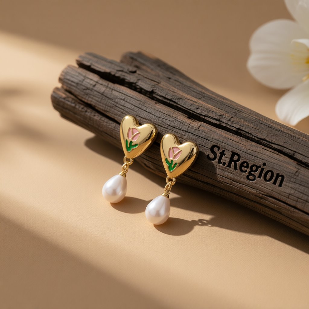 Pearl and Enamel 18K Gold-Plated Tulip Heart Drop Earrings, gold drop earrings for women, elegant gift for her, front view