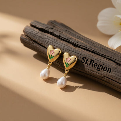 Pearl and Enamel 18K Gold-Plated Tulip Heart Drop Earrings, gold drop earrings for women, elegant gift for her, front view