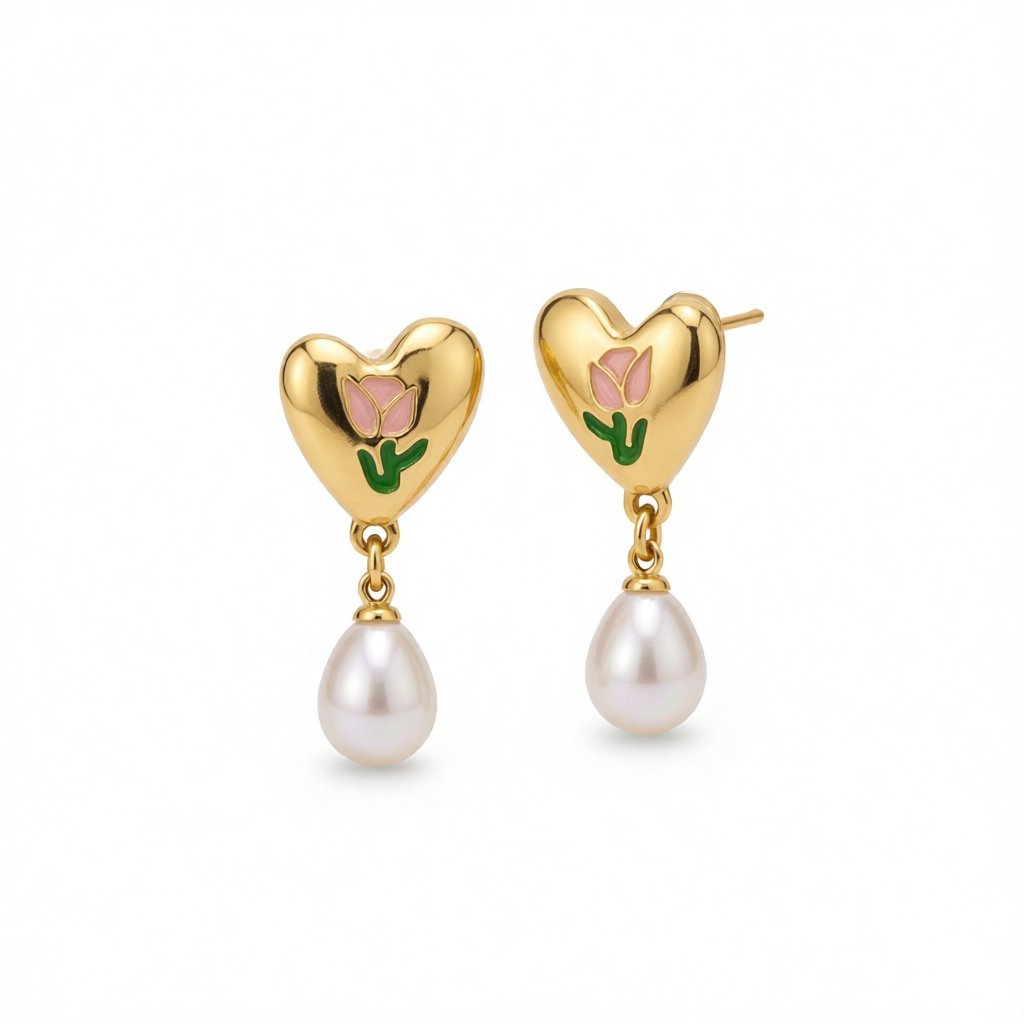 Pearl and Enamel 18K Gold-Plated Tulip Heart Drop Earrings, gold drop earrings for women, elegant gift for her, side view